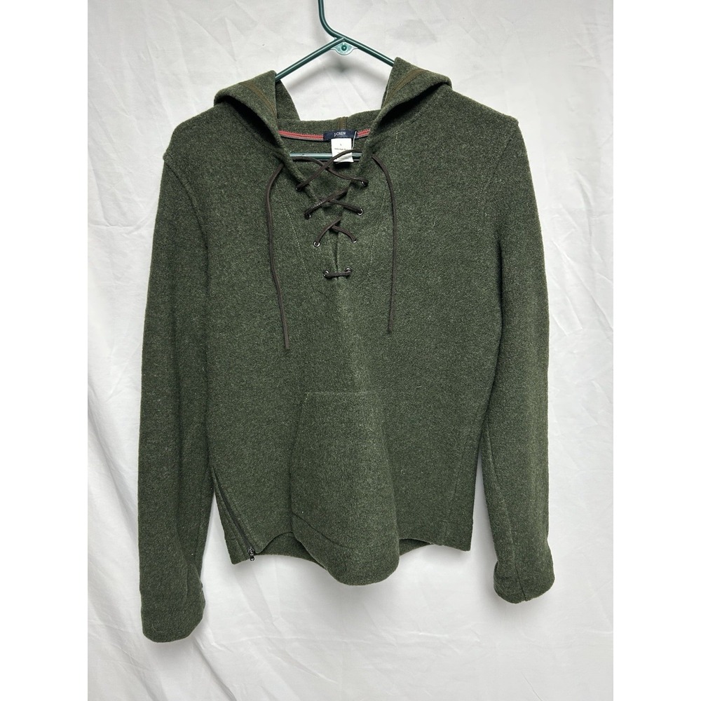 VTG J Crew 100% Virgin Wool Hoodie Pullover, Lace Up Neck, Made In USA, Green, L